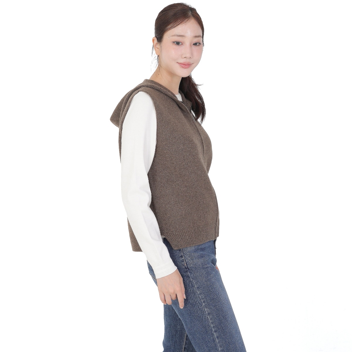 베네뜨 여성 홀가먼트 울캐시미어 후드 베스트 - 브라운