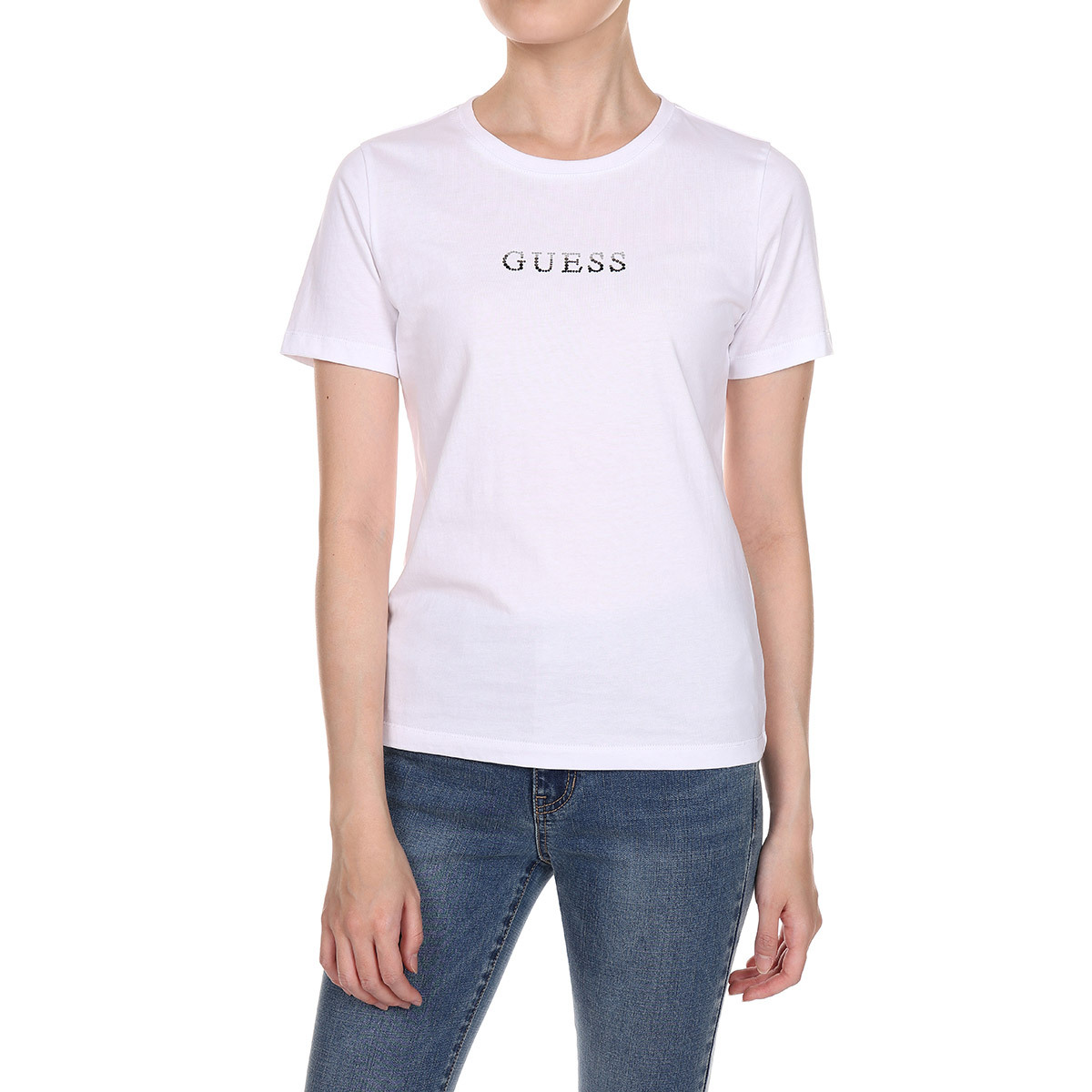 게스 여성 슬림핏 반소매 티셔츠 - 화이트
