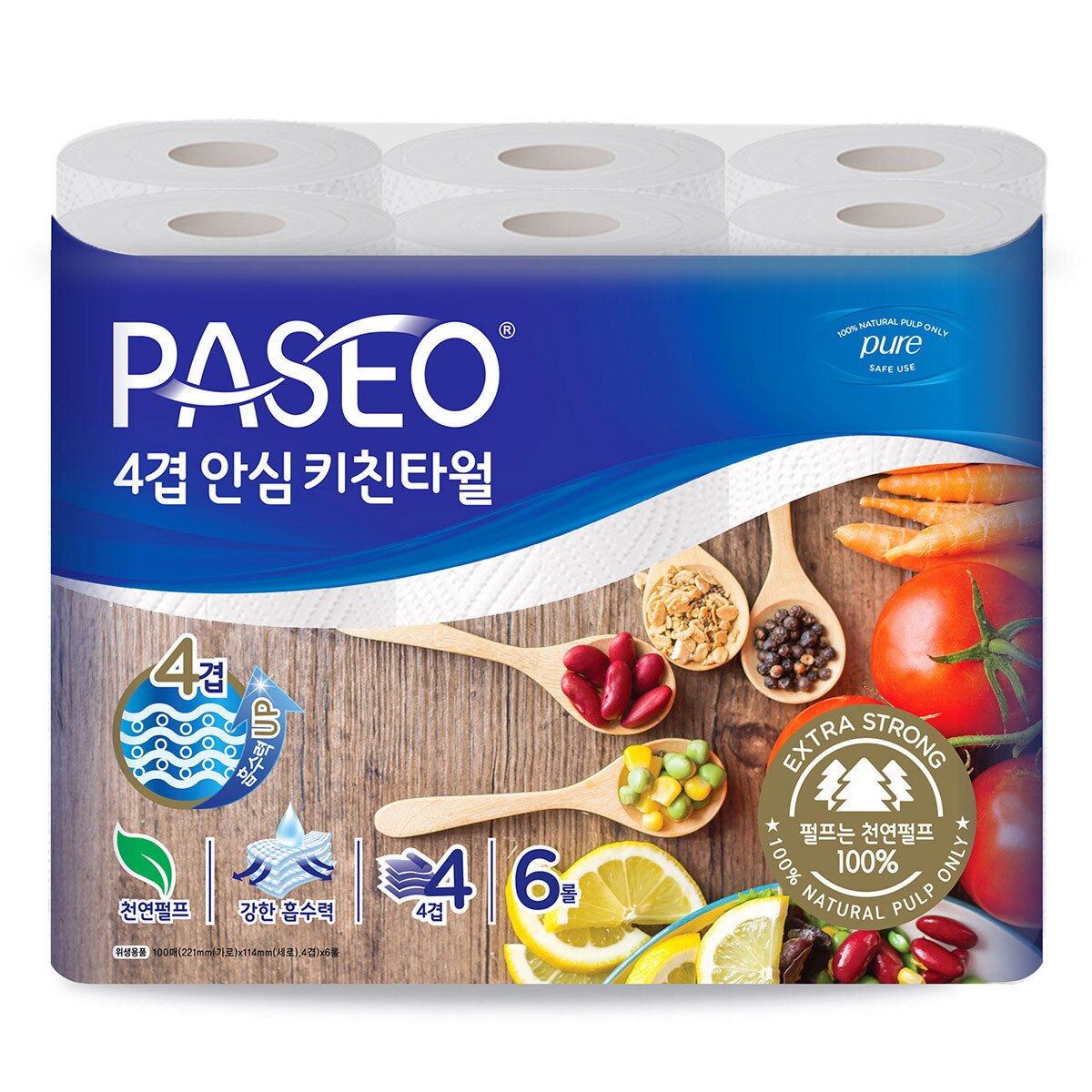 파세오 4겹 안심 키친타월 100매 x 6롤 x 2