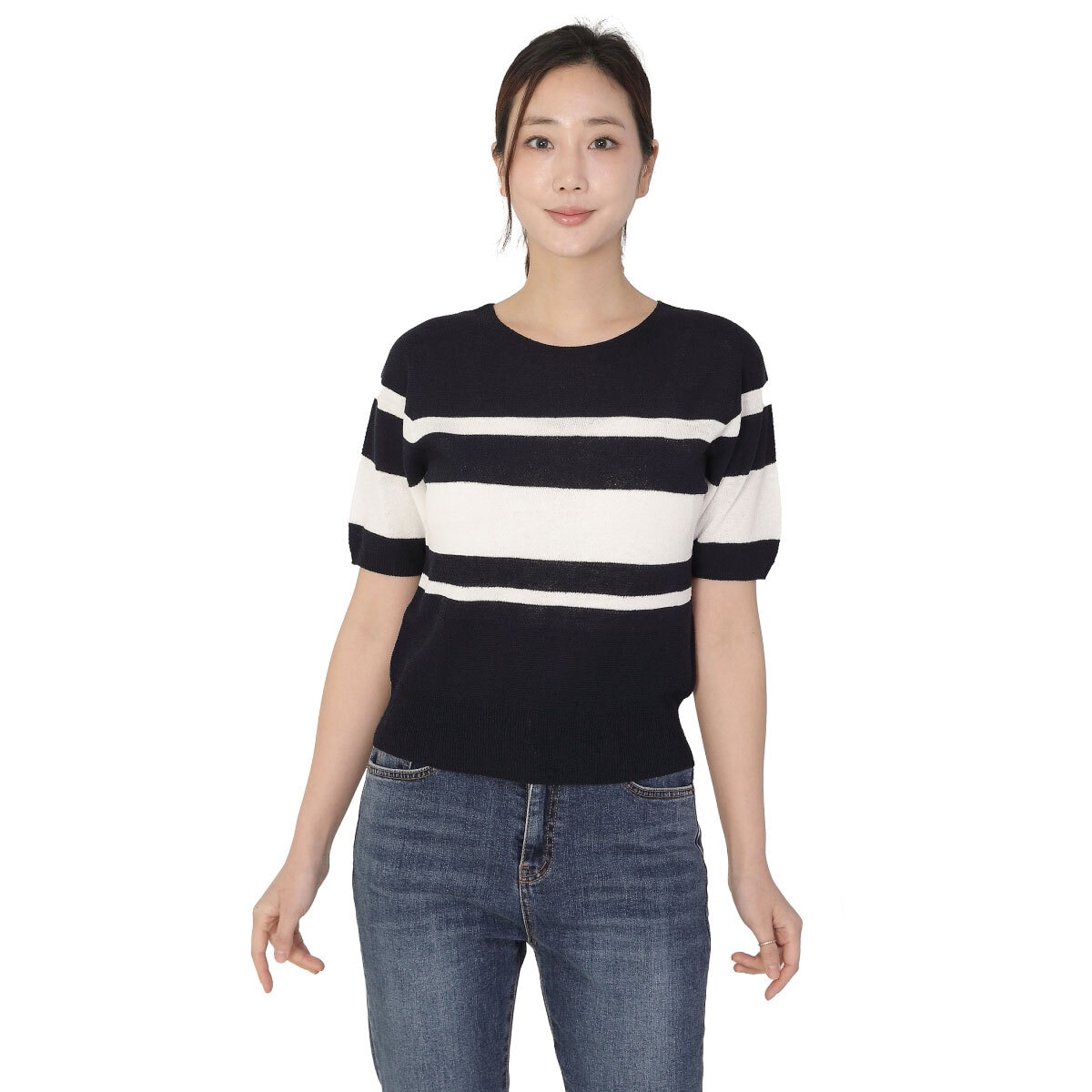 베네뜨 여성 홀가먼트 라운드넥 풀오버 - 네이비 스트라이프, M