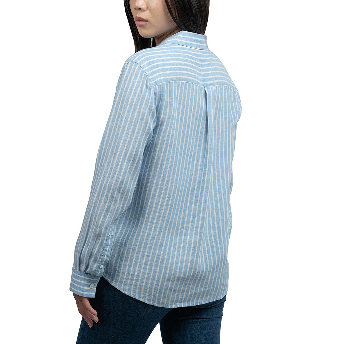 잭스 여성 리넨 스트라이프 셔츠 - 블루, M