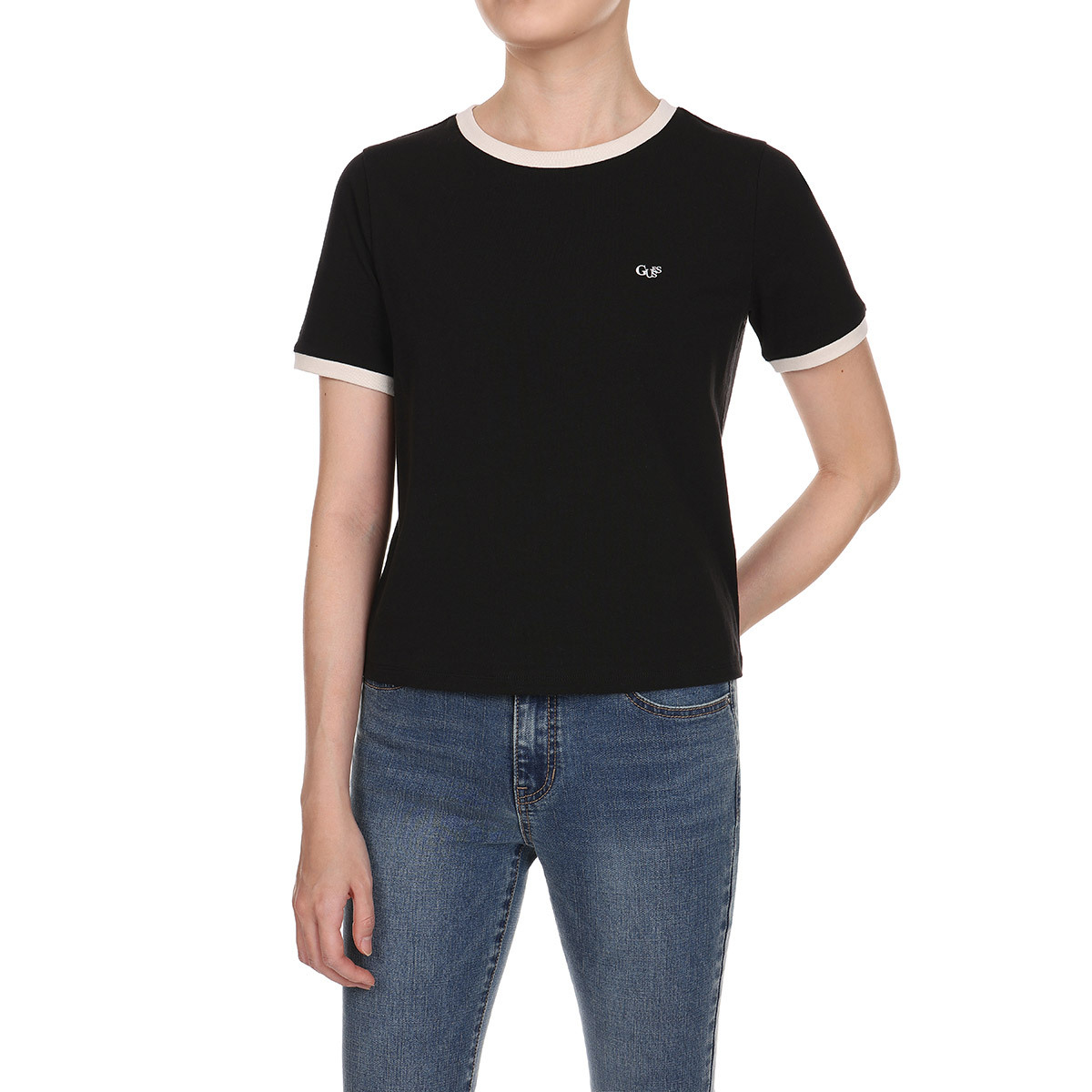 게스 여성 크루넥 반소매 크롭 티셔츠