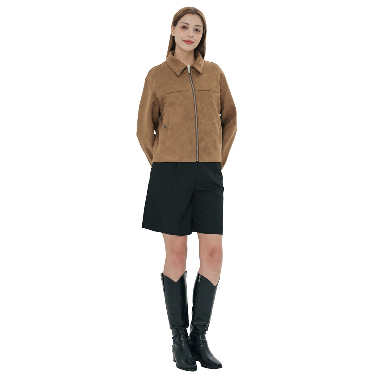 비지트 인 뉴욕 여성 인조 스웨이드 재킷 - 카멜