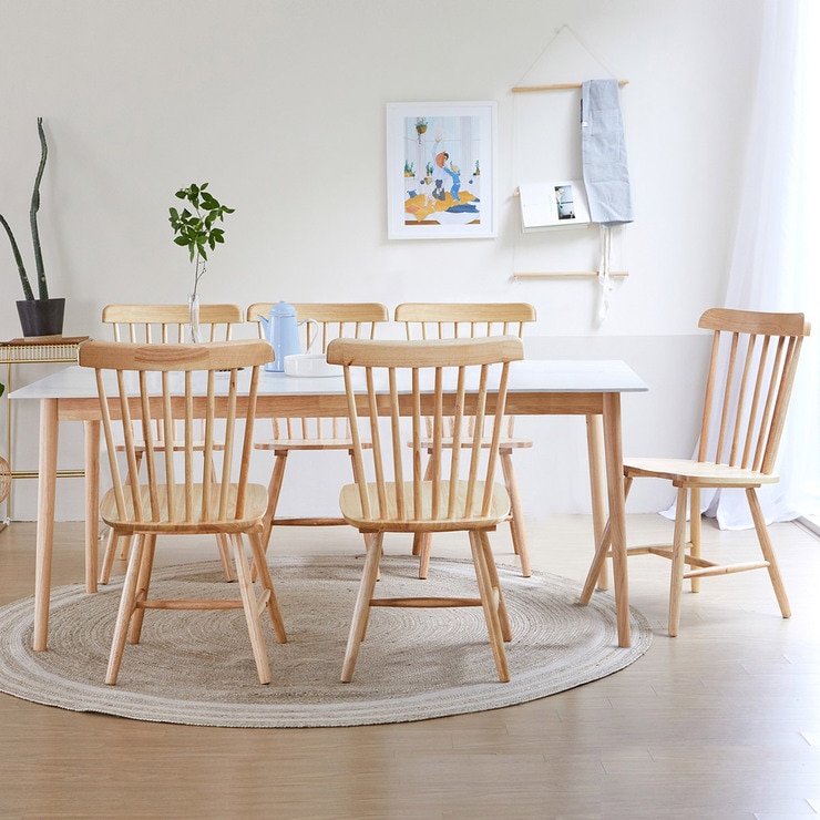 리비니아 TOTO 포세린 세라믹 6인 식탁세트 - 내추럴(의자) + 화이트(세라믹 상판)