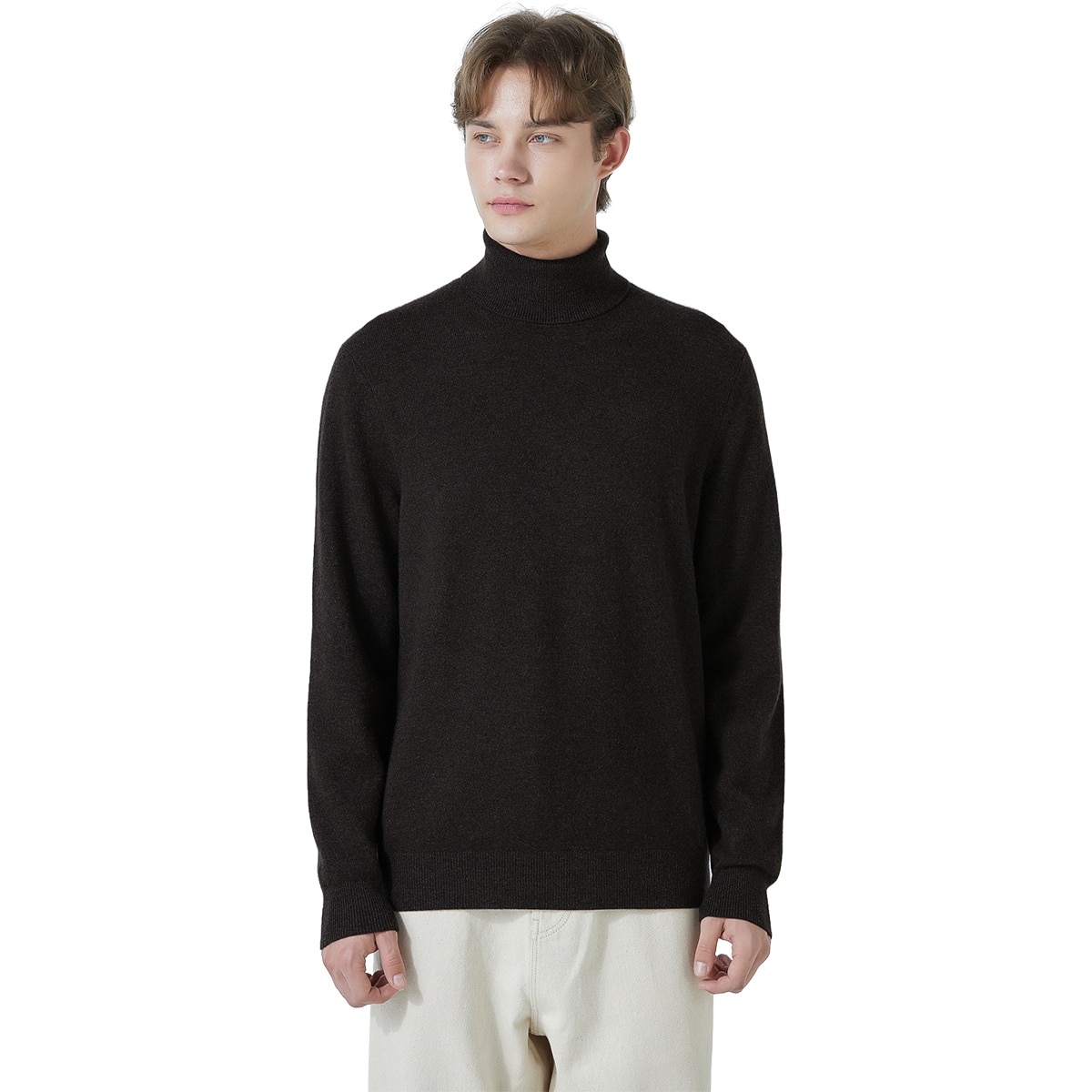 바인 남성 캐시미어 100% 터틀넥 - 브라운, XL