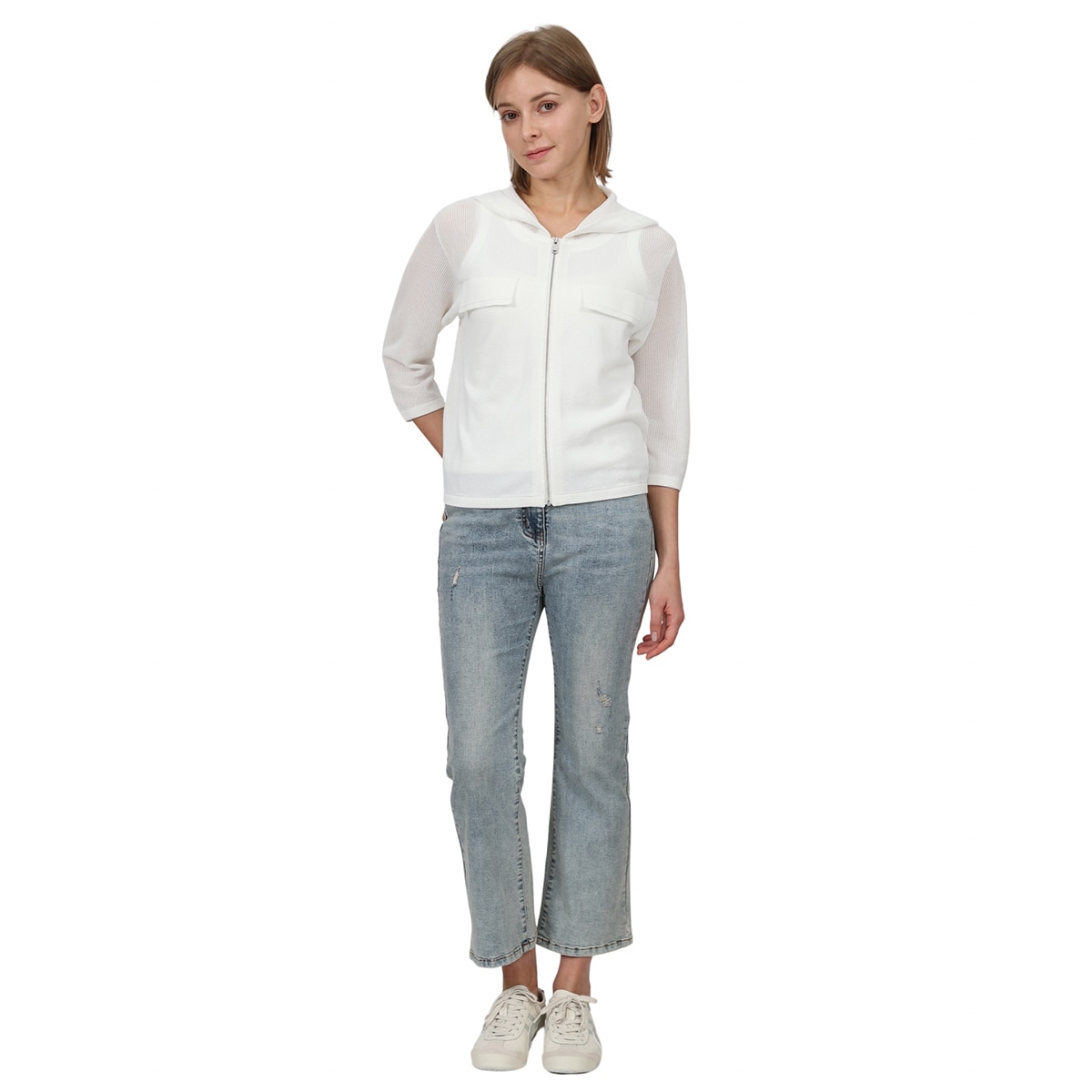 안지크 여성 니트 후드 재킷 - 화이트