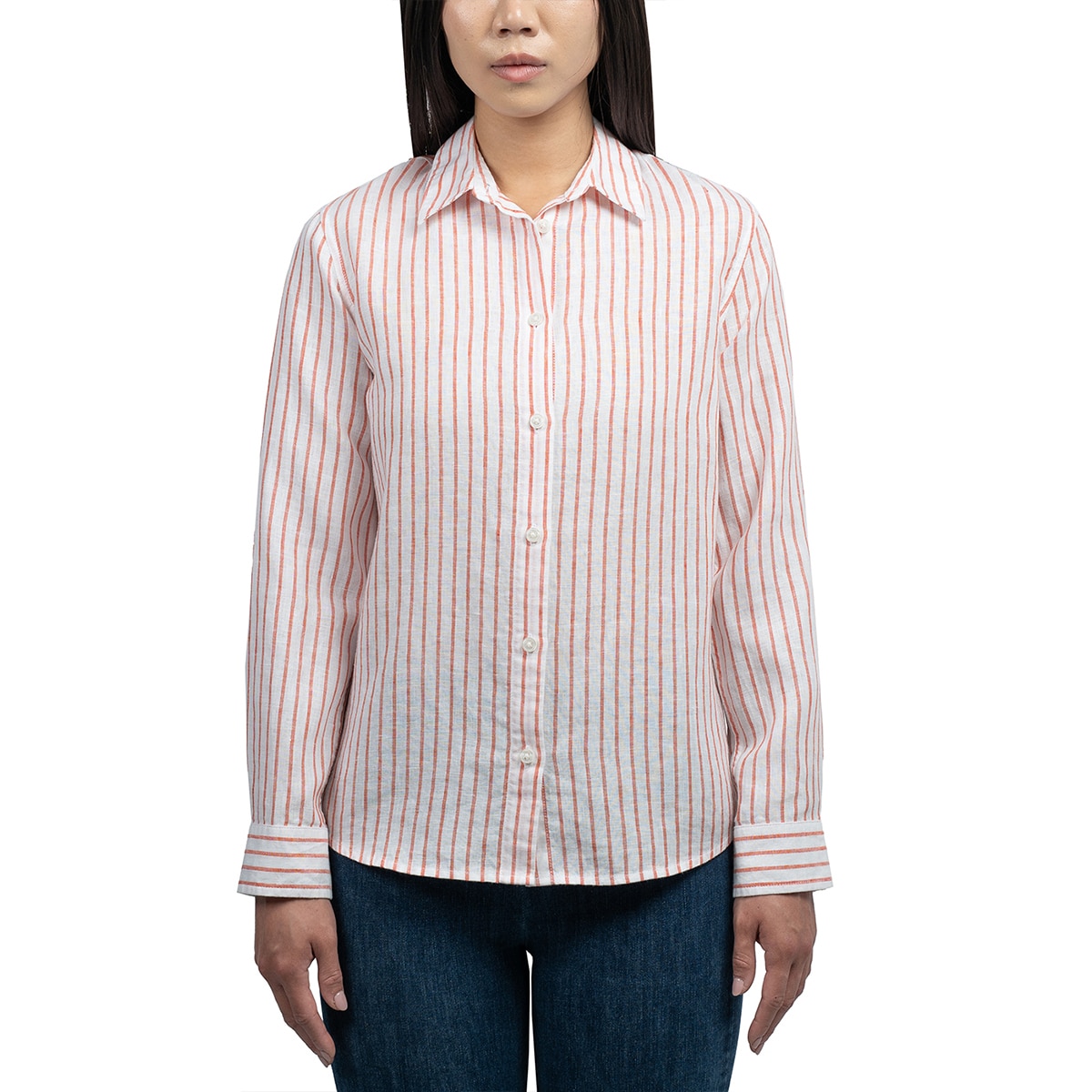 잭스 여성 리넨 스트라이프 셔츠 - 오렌지, S