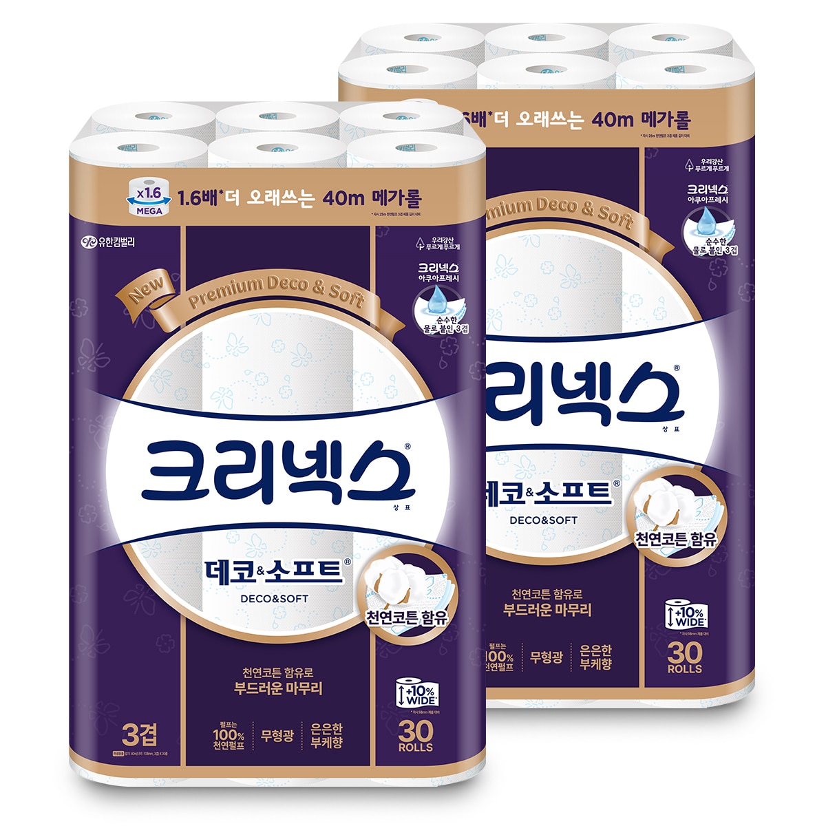 크리넥스 데코&소프트 3겹 화장지 40m x 30롤 x 2