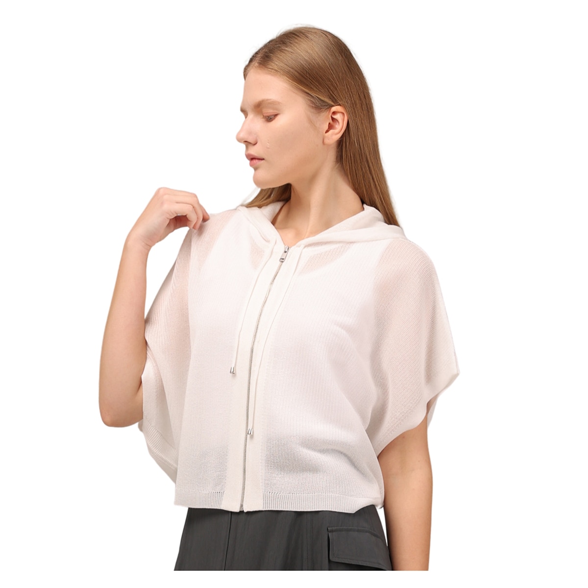 솔레지아 여성 크로셰 니트 후드 집업 케이프 - 아이보리, S/M