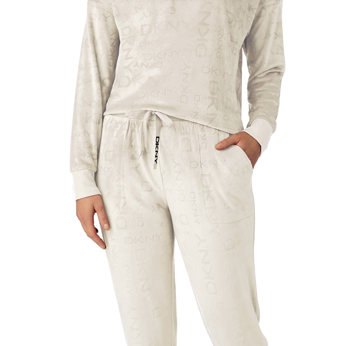 DKNY 여성 플러시 라운지 상하의 세트 - 크림 베이지, L DKNY 여성 플러시 라운지 상하의 세트 - 크림 베이지, L
