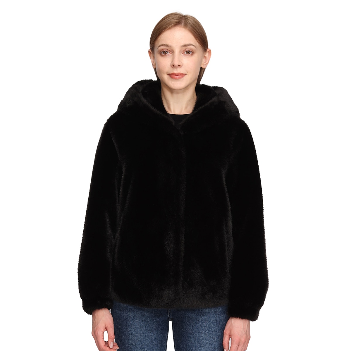 레니본 여성 인조퍼 재킷 - 블랙