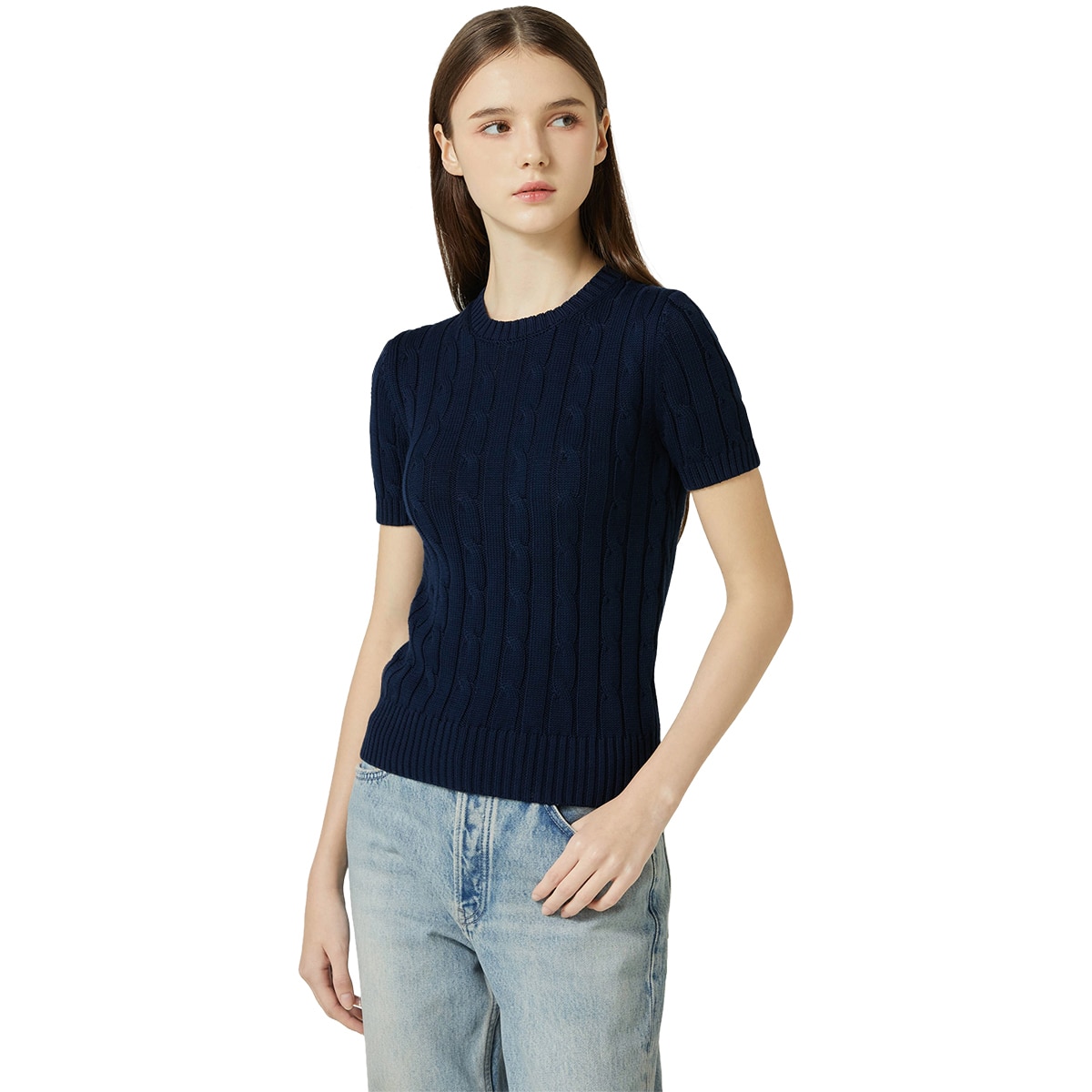 리디아 바인 여성 수피마코튼 케이블 반소매 니트