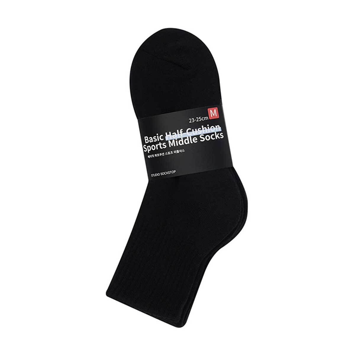 싹스탑 하프쿠션 스포츠 중목 양말 5PR - 미디엄 블랙