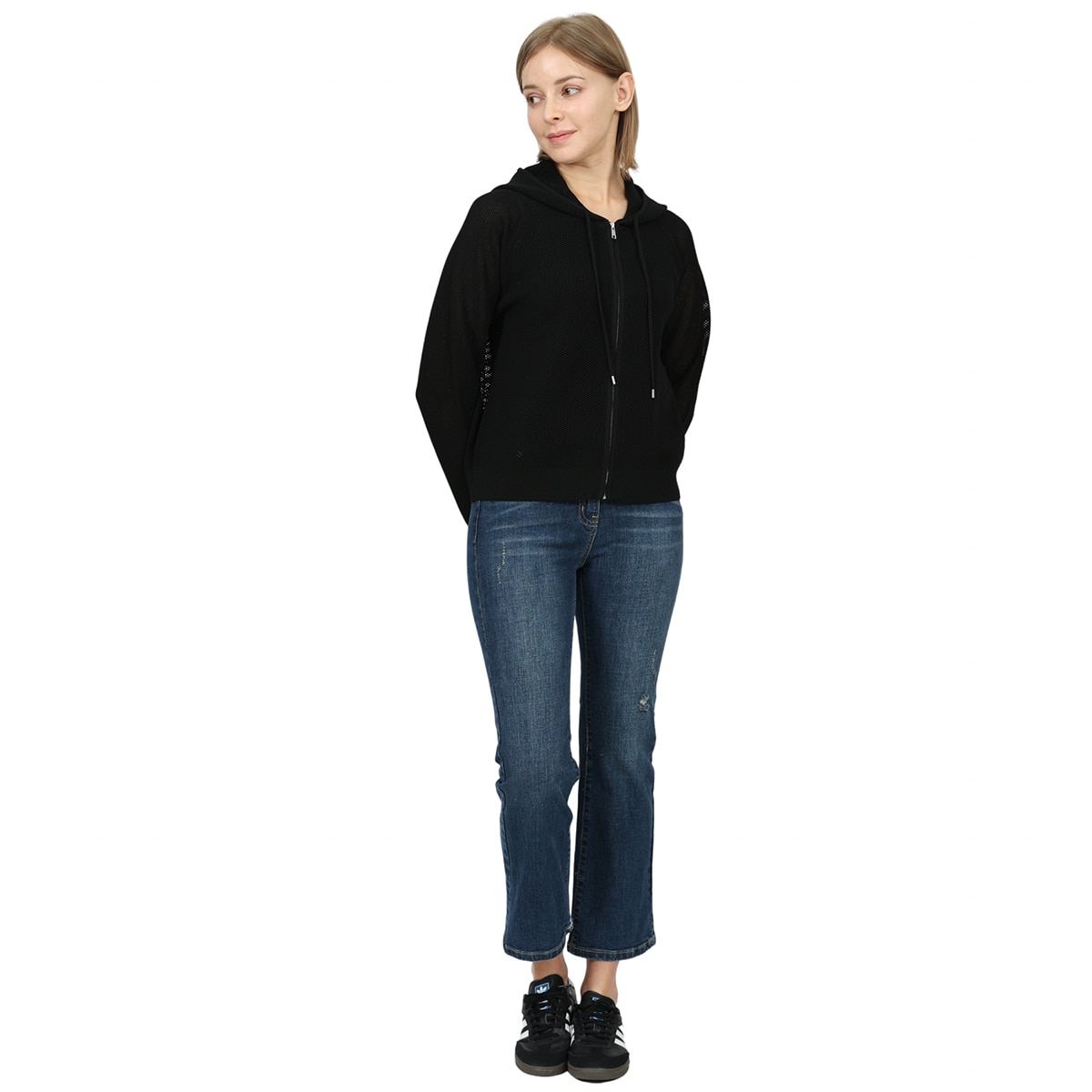 솔레지아 여성 니트 후드 집업 - 블랙, M