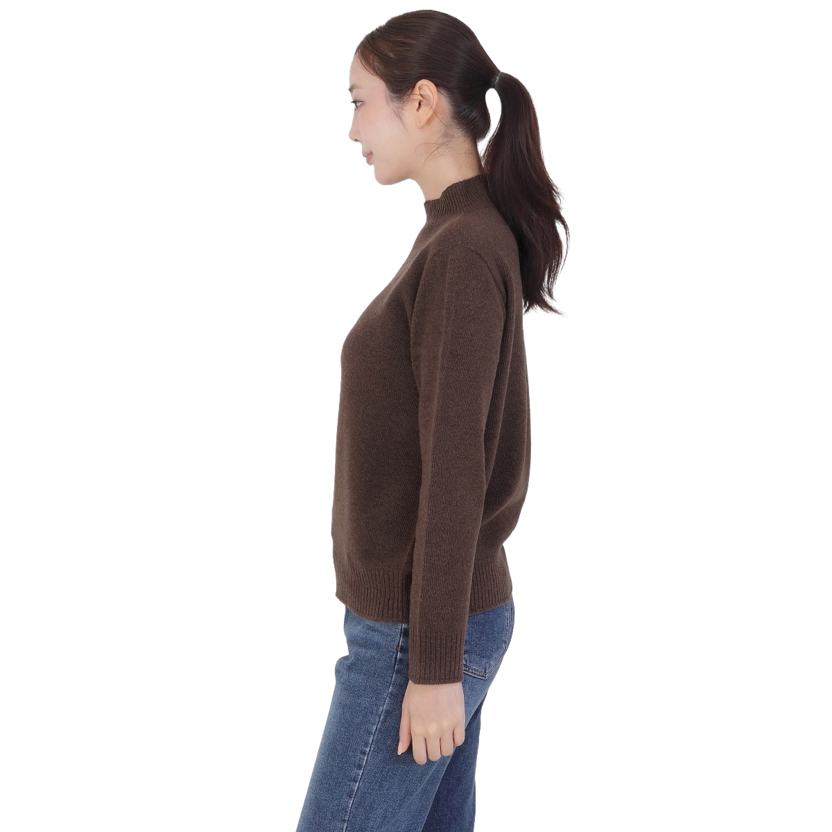 베네뜨 여성 립 블록 하이넥 울캐시미어 풀오버 - 브라운