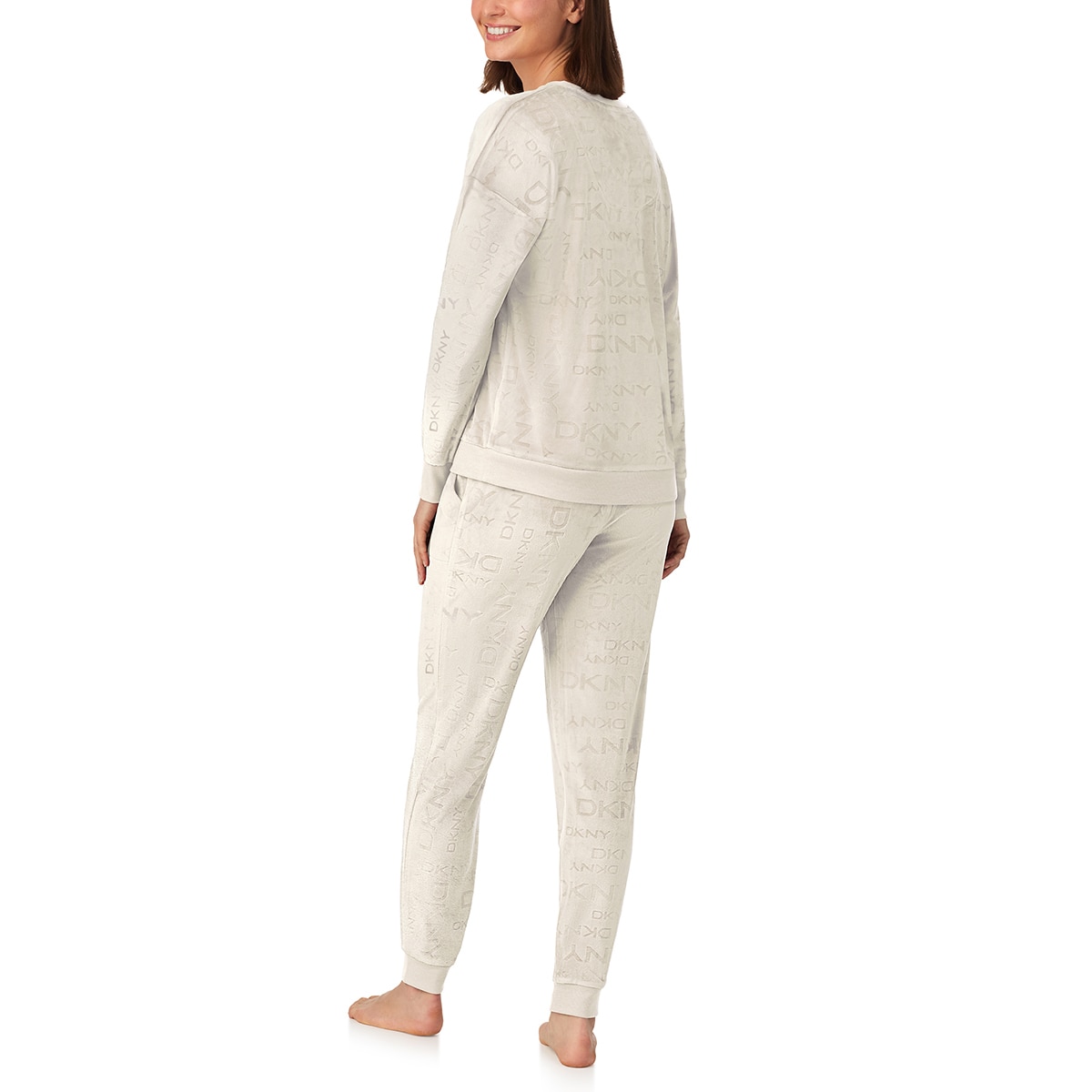 DKNY 여성 플러시 라운지 상하의 세트 - 크림 베이지, L DKNY 여성 플러시 라운지 상하의 세트 - 크림 베이지, L