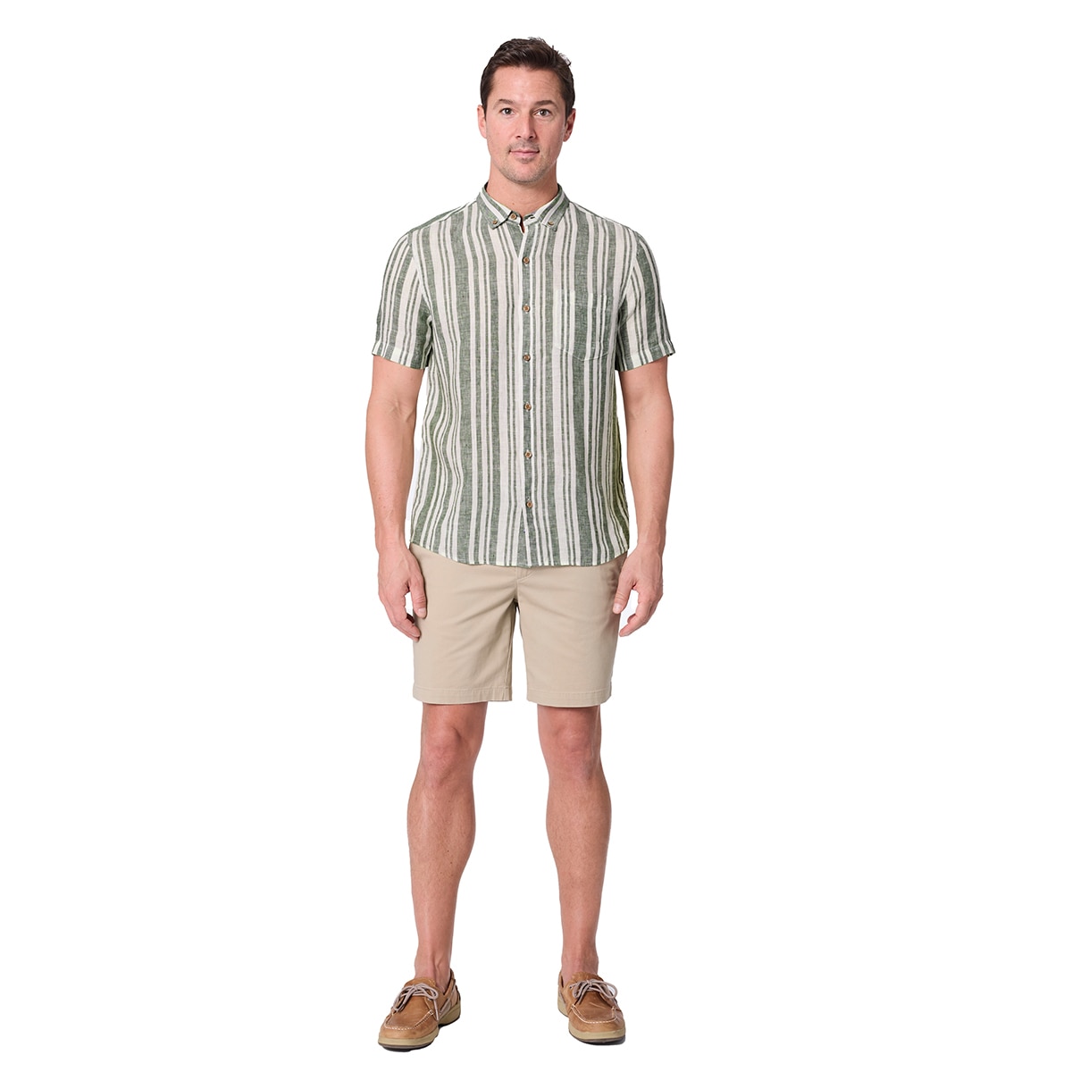 Tailor Vintage 남성 반소매 린넨 셔츠 - 그린 스트라이프