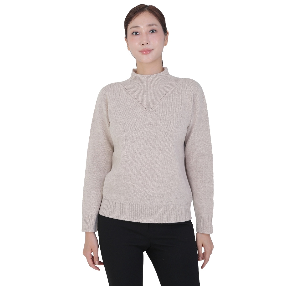 베네뜨 여성 립 블록 하이넥 울캐시미어 풀오버 - 베이지