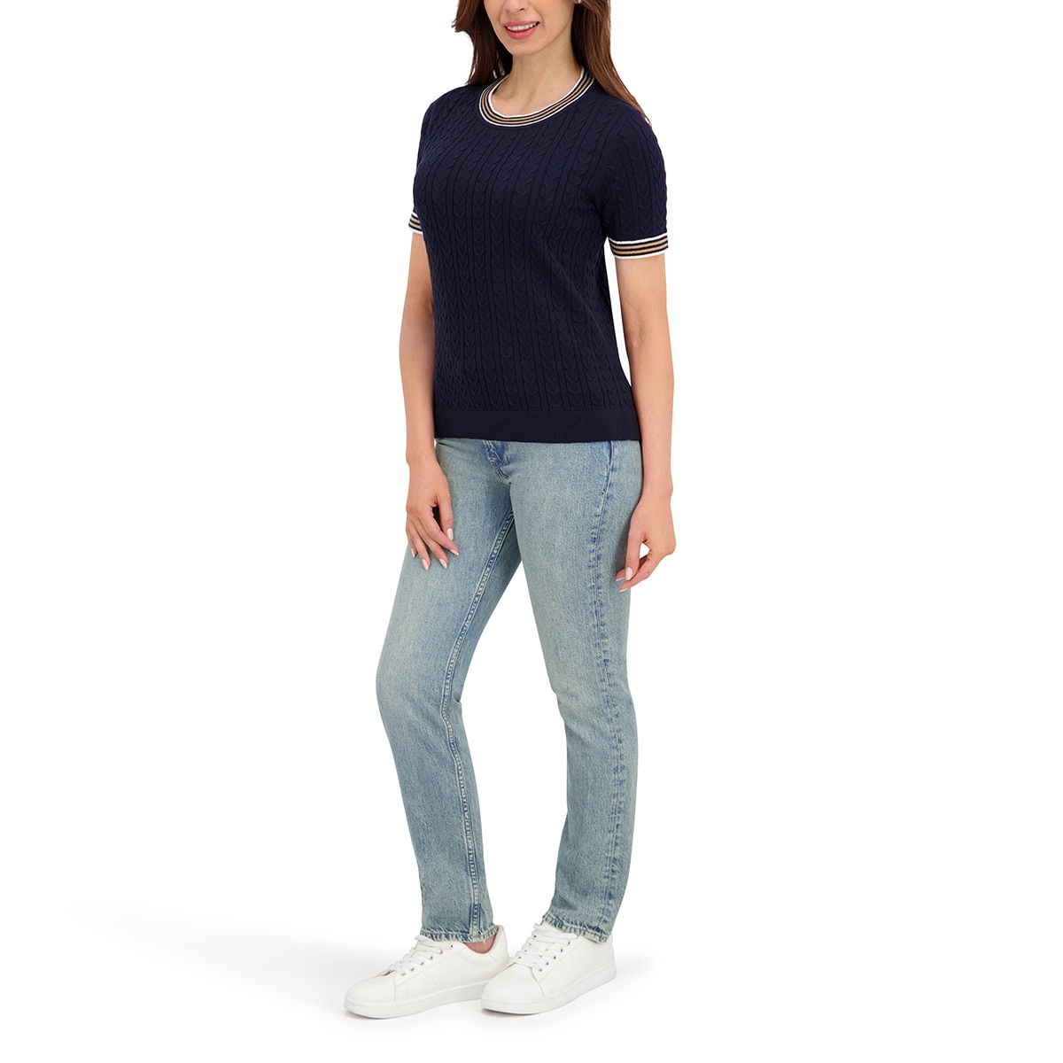 할스톤 여성 케이블 반소매 니트 - 네이비, M