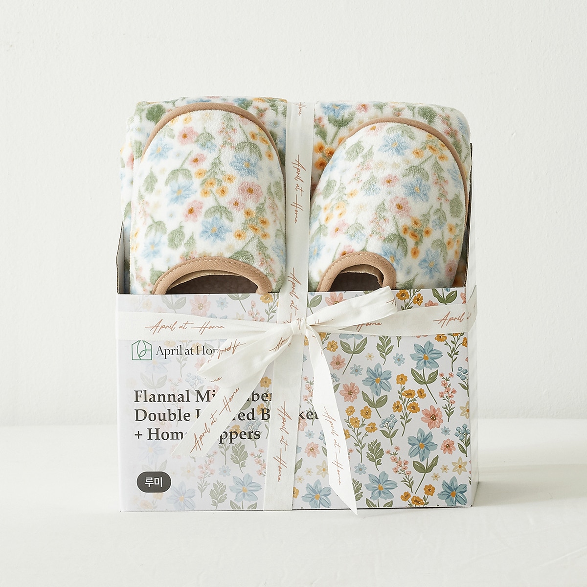 April At Home 플란넬 극세사 담요 슬리퍼 선물세트 - 루미(블루멀티플라워)