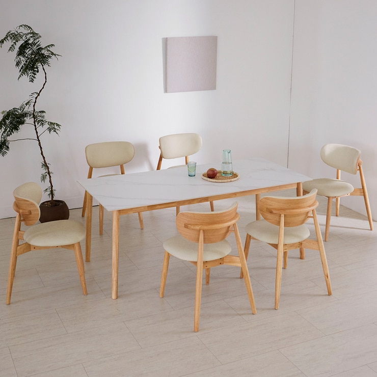 리비니아 노보 6인 세라믹 식탁 세트 - 내츄럴(프레임(식탁&의자))+화이트(세라믹 상판)