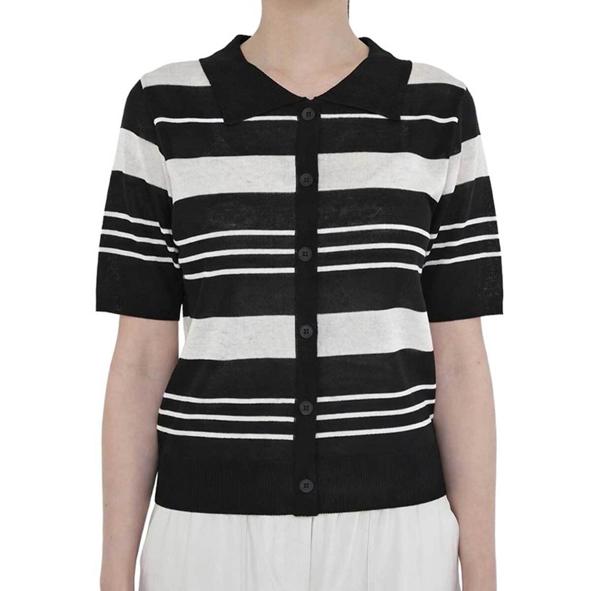 베네뜨 여성 카라 스트라이프 풀오버 니트 - 블랙>오트밀, S