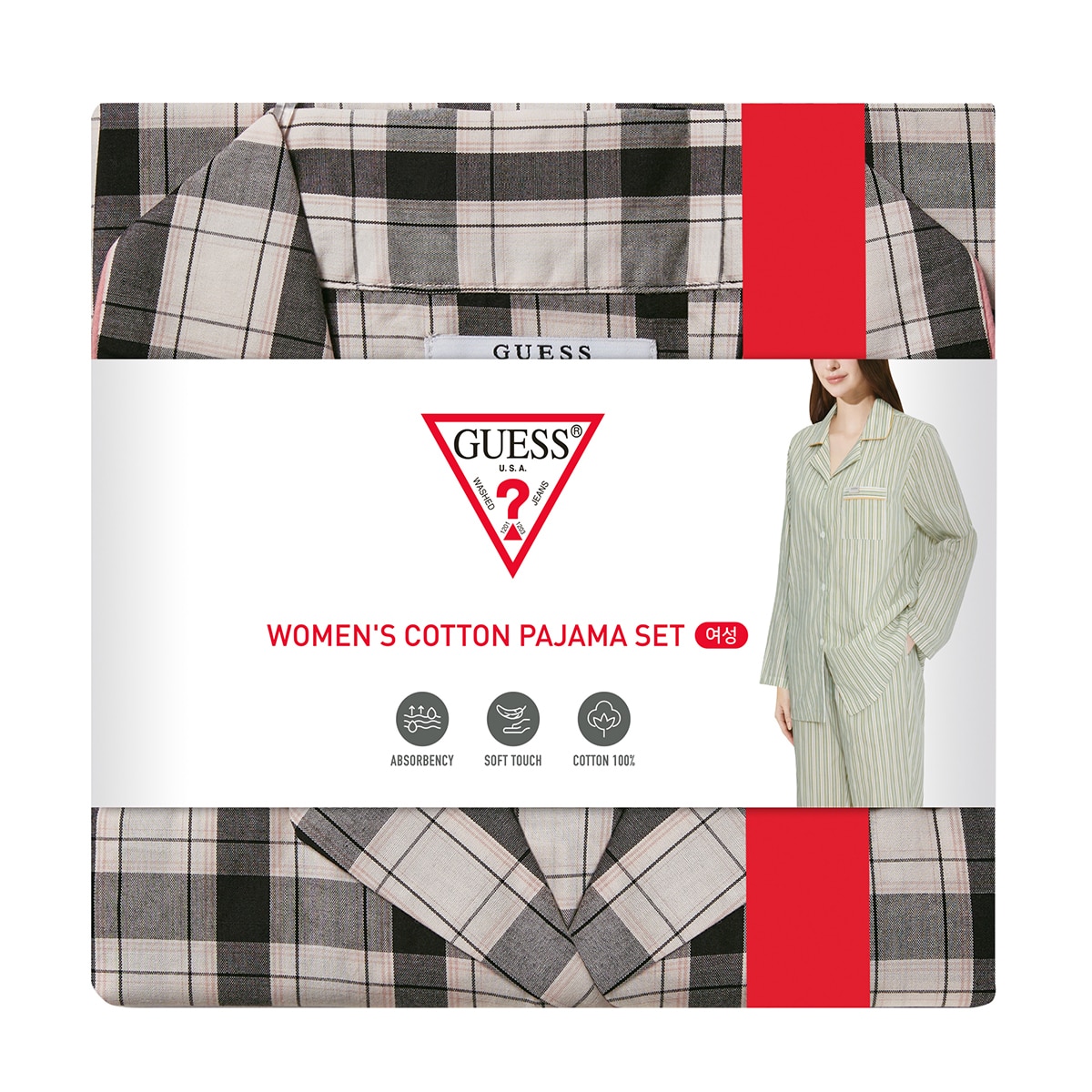 게스 여성 코튼 파자마 세트 - 아이보리 체크, S