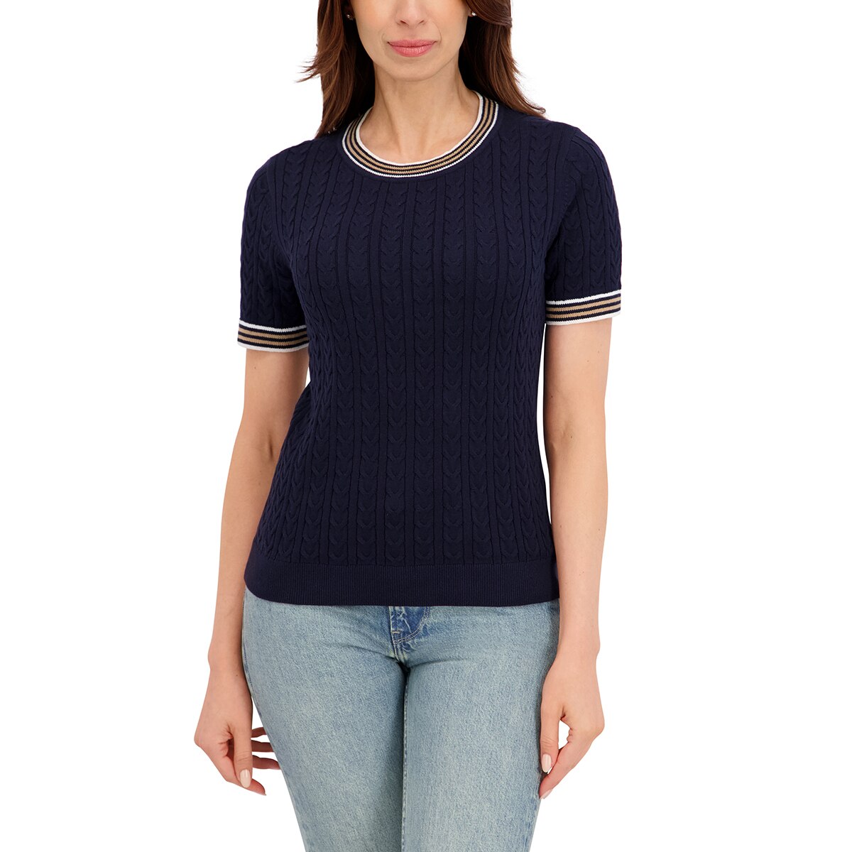 할스톤 여성 케이블 반소매 니트 - 네이비, M