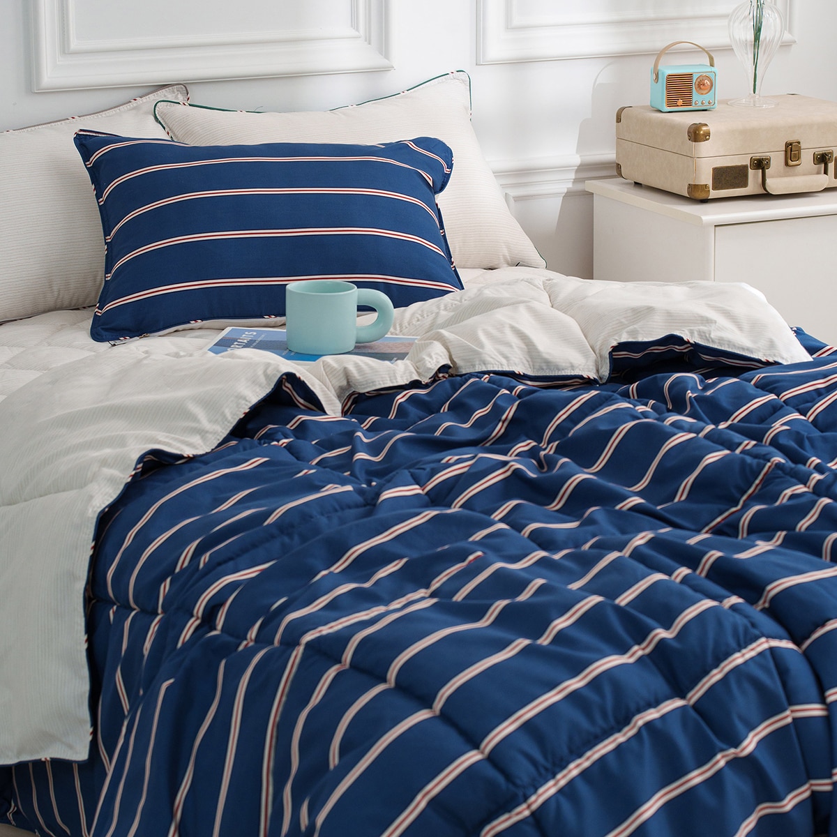 플로티나 차렵 이불 세트 4P - 싱글, 스트라이프 네이비