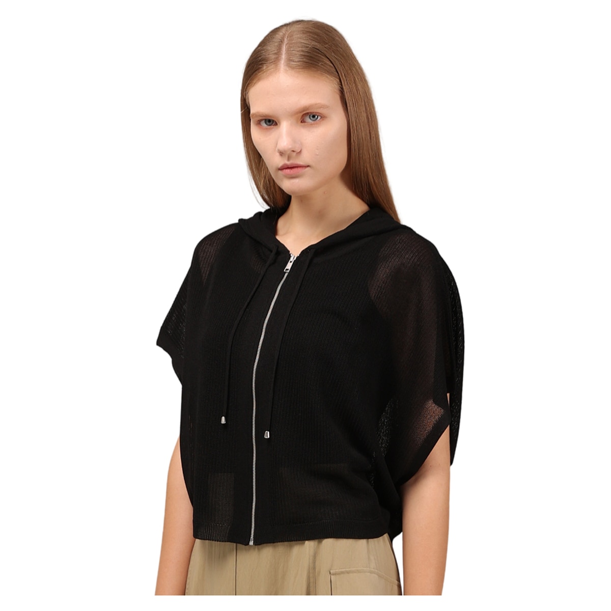 솔레지아 여성 크로셰 니트 후드 집업 케이프 - 블랙, M/L