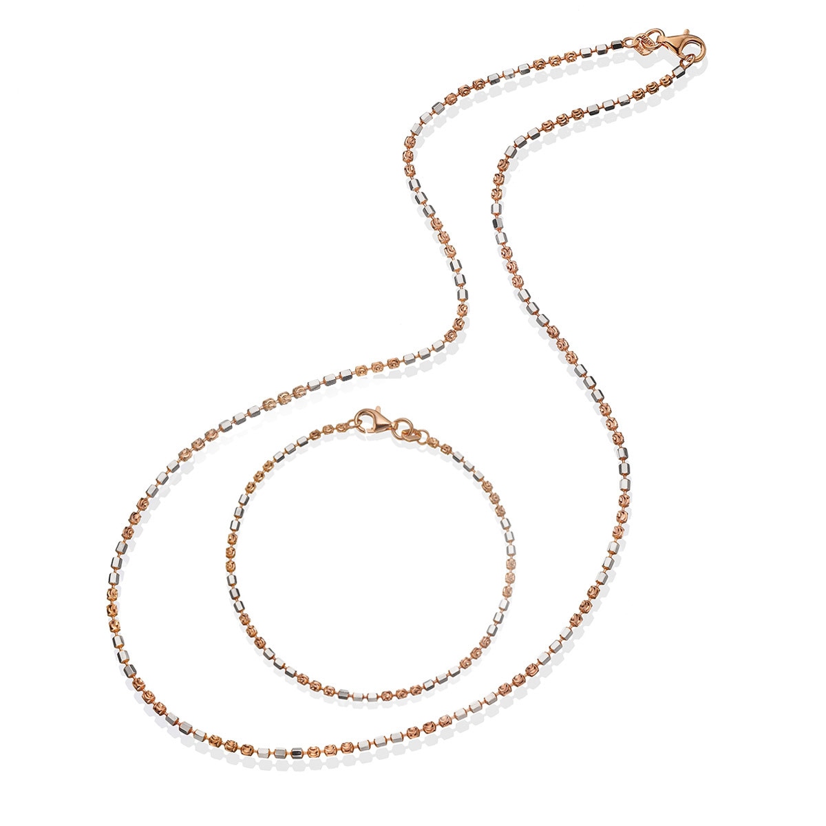 커팅볼 체인 은 목걸이 & 팔찌 세트 - 핑크/화이트 골드