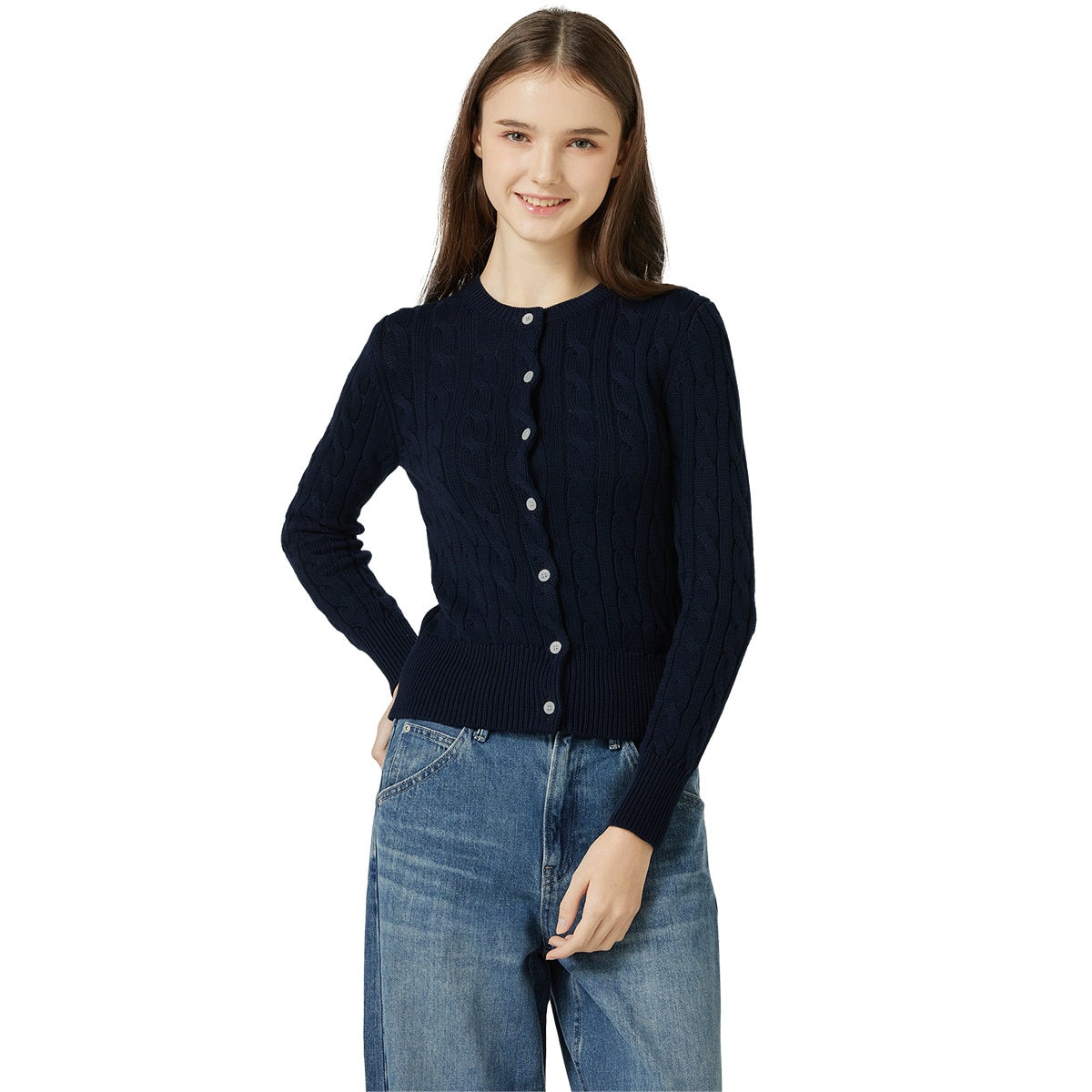 리디아 바인 여성 수피마코튼 케이블 가디건 - 네이비