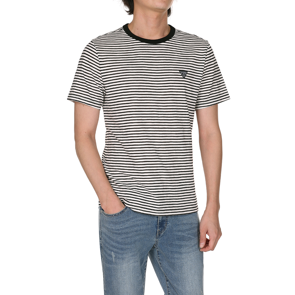 게스 남성 반소매 슬럽 티셔츠 - 블랙