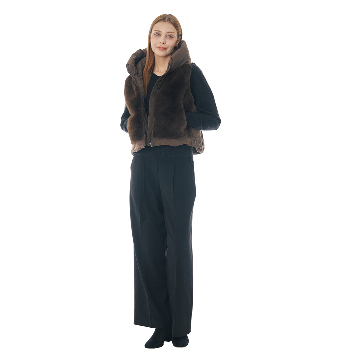 SOUP 여성 인조퍼 다운 베스트 - 브라운