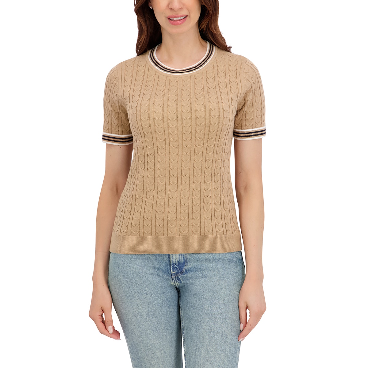 할스톤 여성 케이블 반소매 니트 - 베이지, M