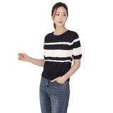 베네뜨 여성 홀가먼트 라운드넥 풀오버 - 네이비 스트라이프, M