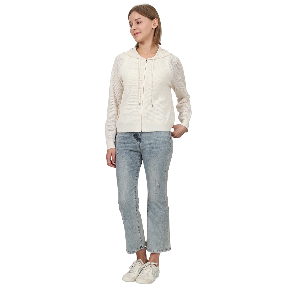 솔레지아 여성 니트 후드 집업 - 아이보리, S
