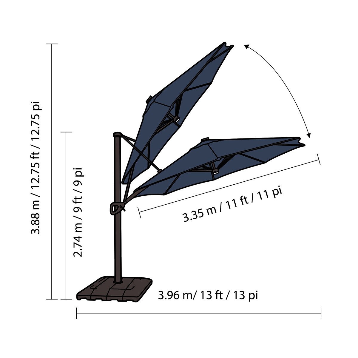 앳레저  LED 캔틸레버 우산，지름 3.35m,블루