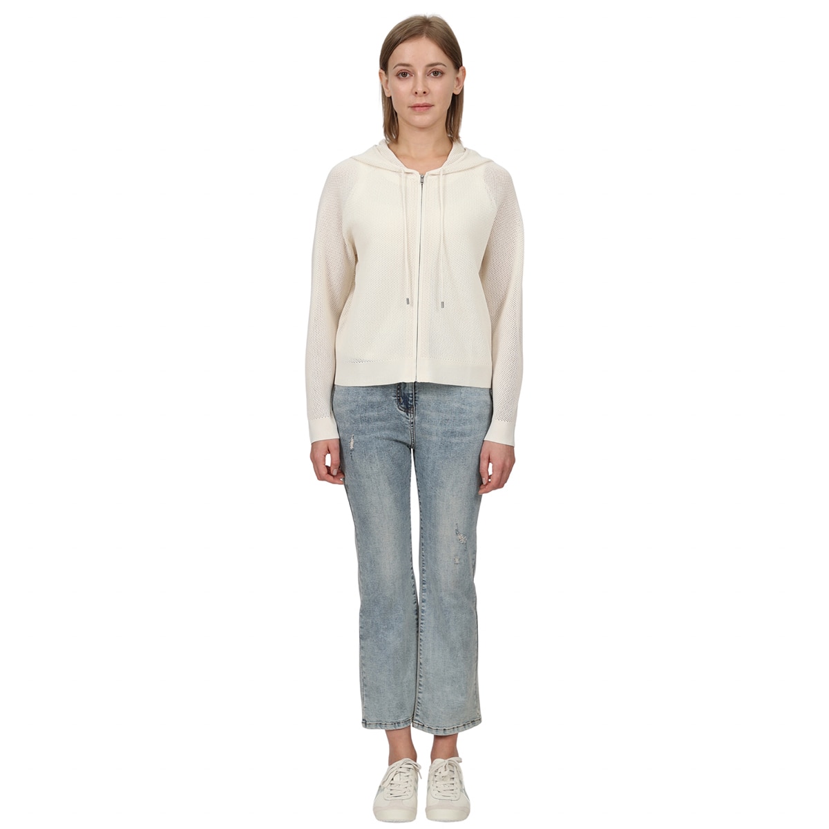 솔레지아 여성 니트 후드 집업 - 아이보리, S