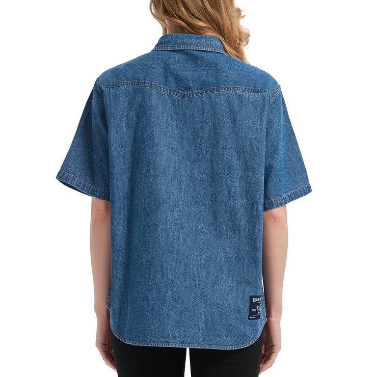 트루릴리젼 여성 반소매 데님 셔츠 - 미디엄 블루