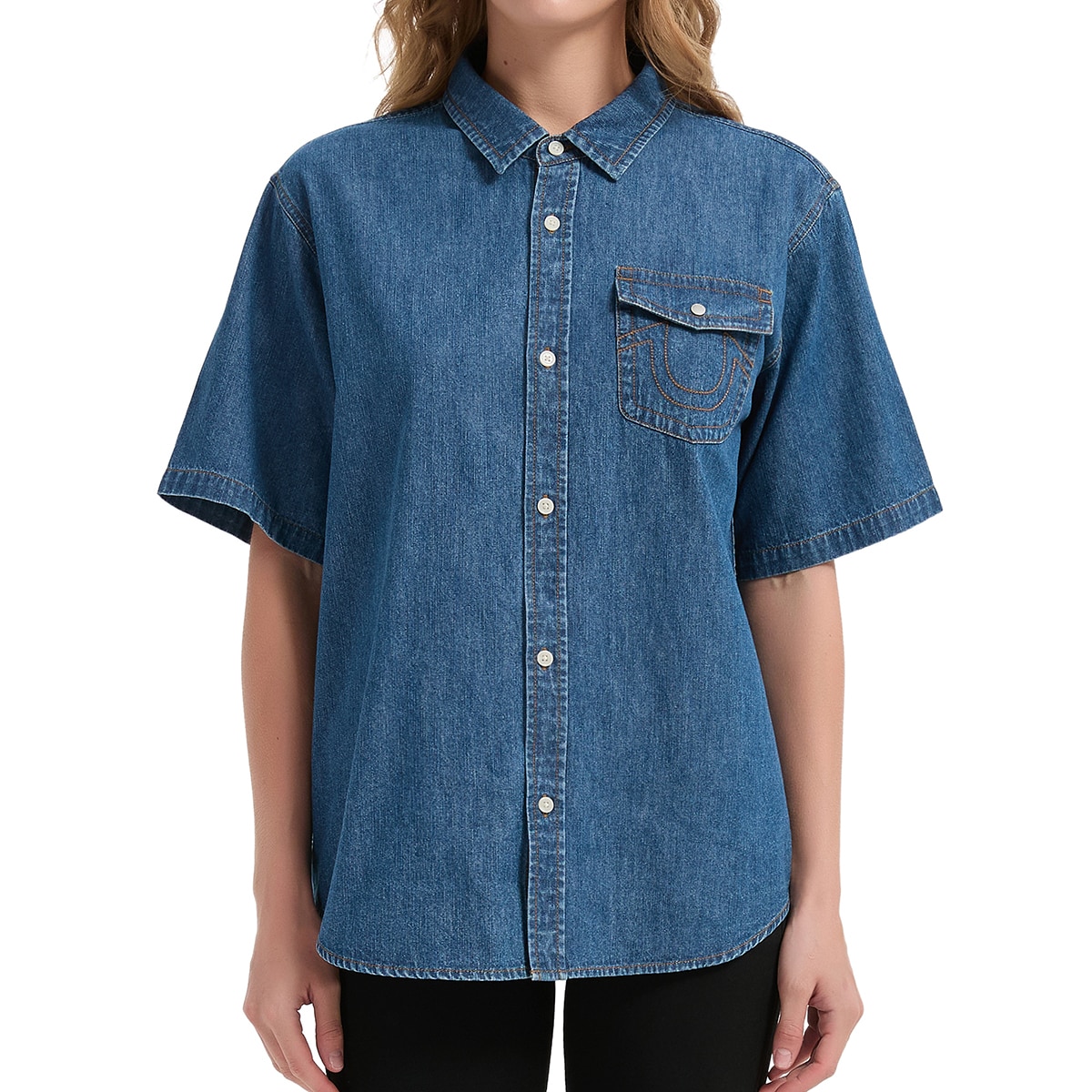 트루릴리젼 여성 반소매 데님 셔츠 - 미디엄 블루