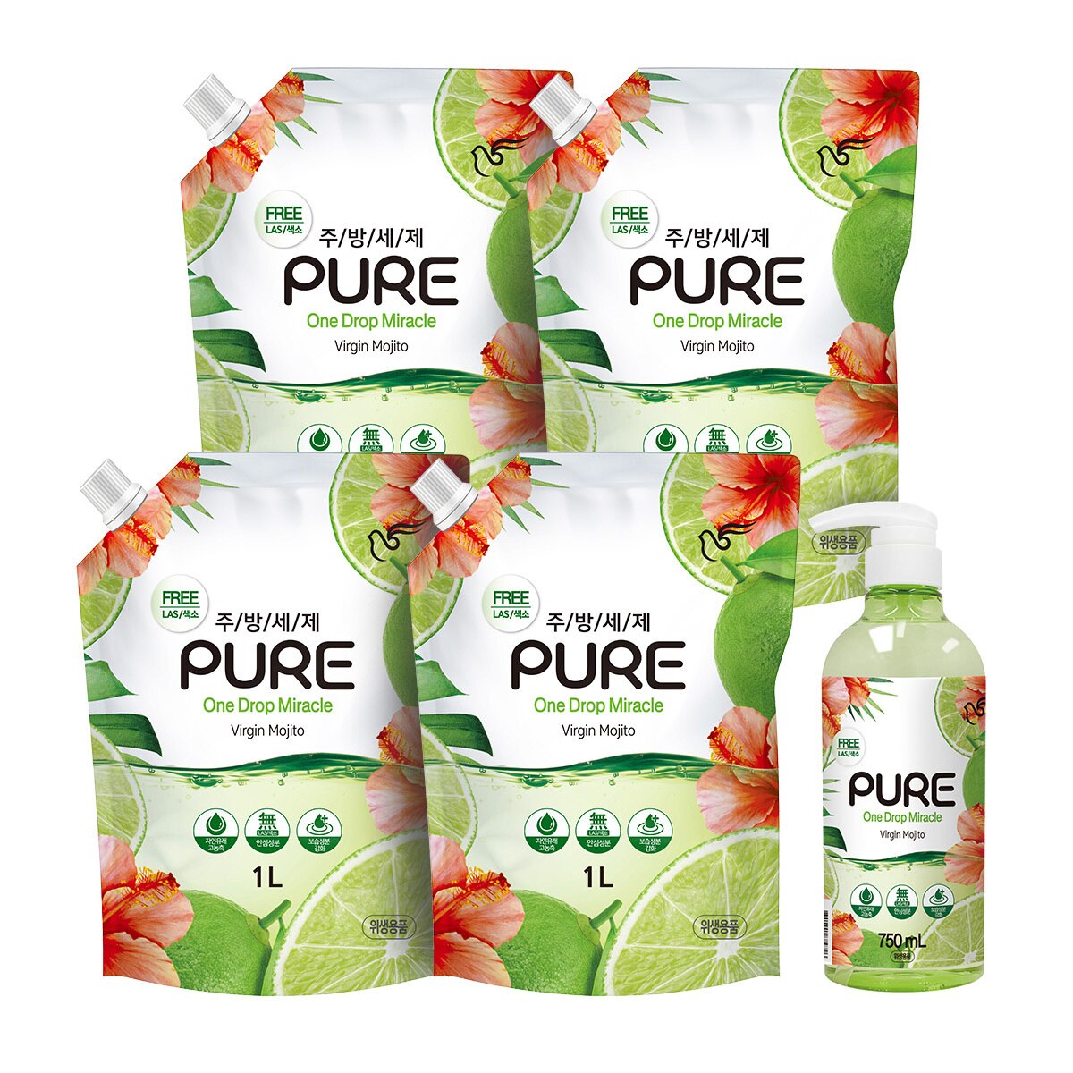 피죤 퓨어 주방세제 750ml + 1000ml x 4pk