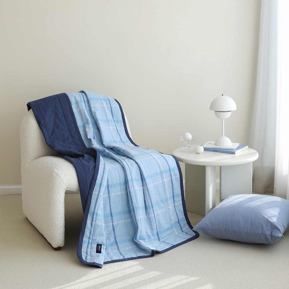 오리고 면 시어서커 담요 100 x 150cm - 블루