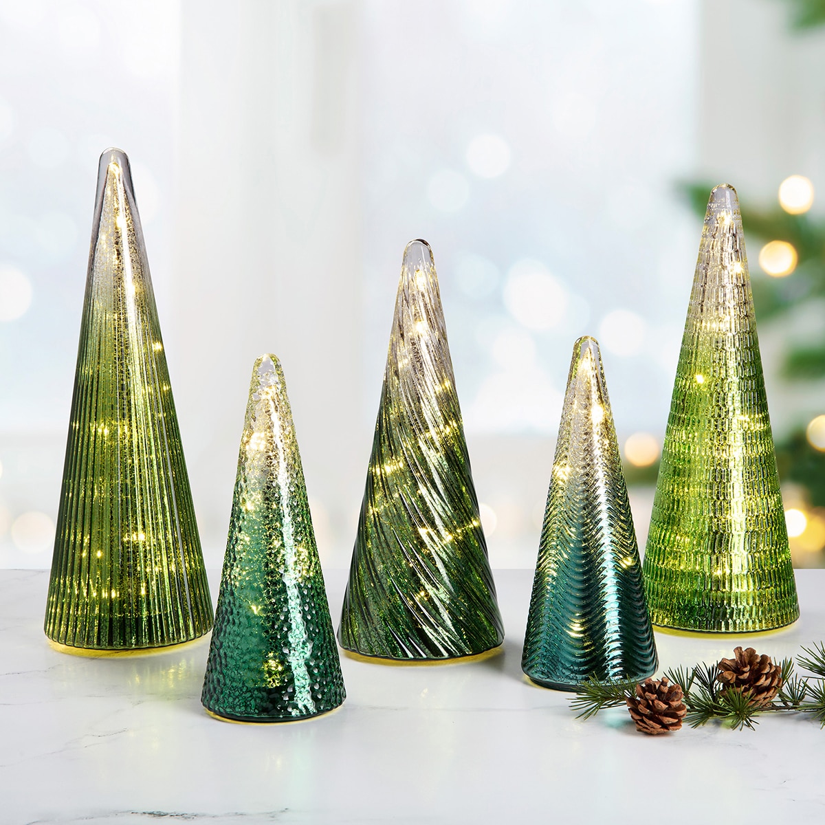 LED 글라스 트리 장식 5개 세트 - 그린