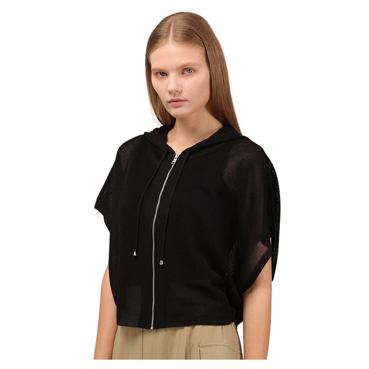 솔레지아 여성 크로셰 니트 후드 집업 케이프 - 블랙, M/L