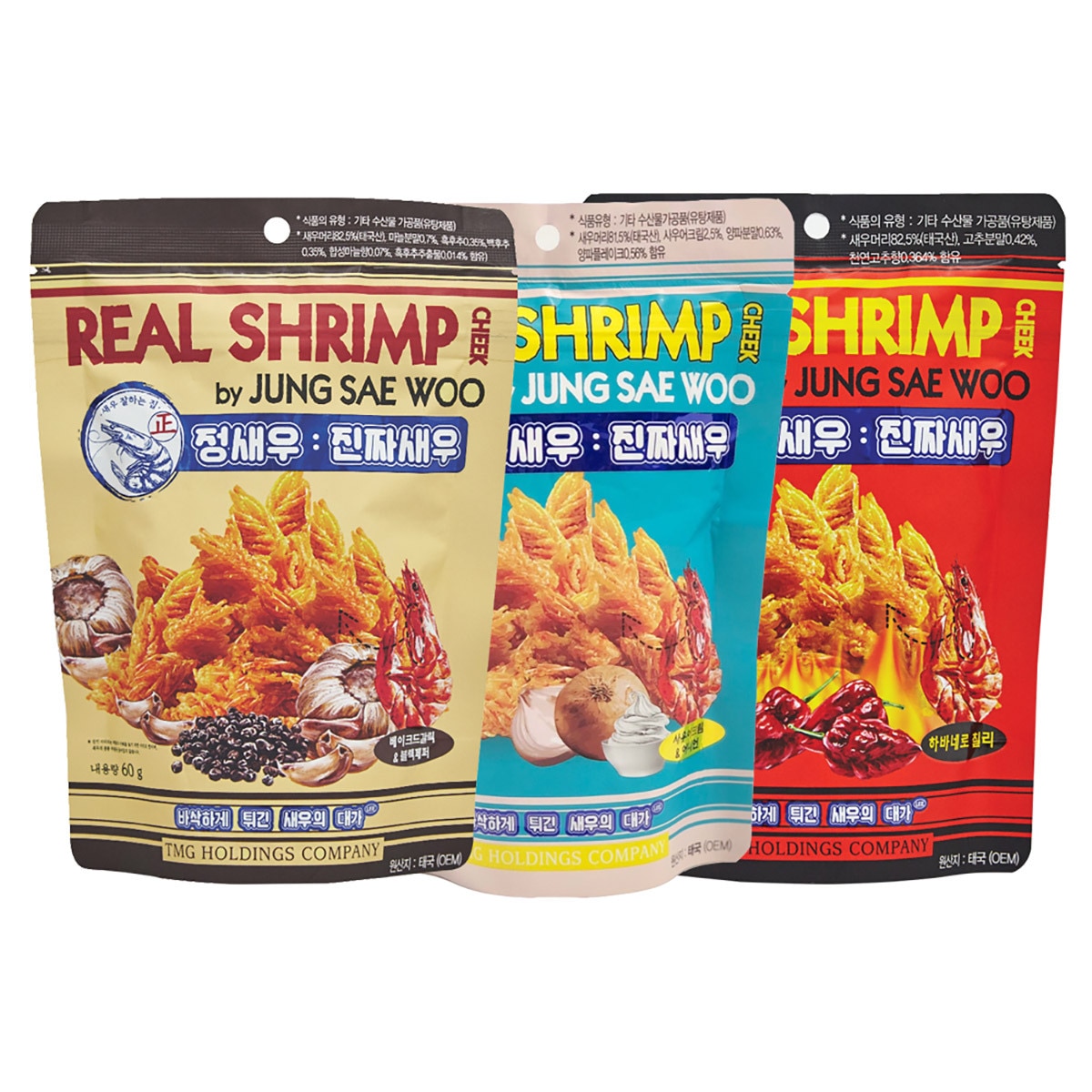 정새우 진짜 새우 3종 720g (60g x 12) - 베이크드 갈릭 60g x 4ea, 하바네로 칠리 60g x 4ea, 사우어크림 & 어니언 60g x 4ea