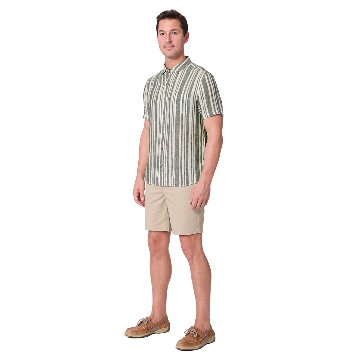 Tailor Vintage 남성 반소매 린넨 셔츠 - 그린 스트라이프