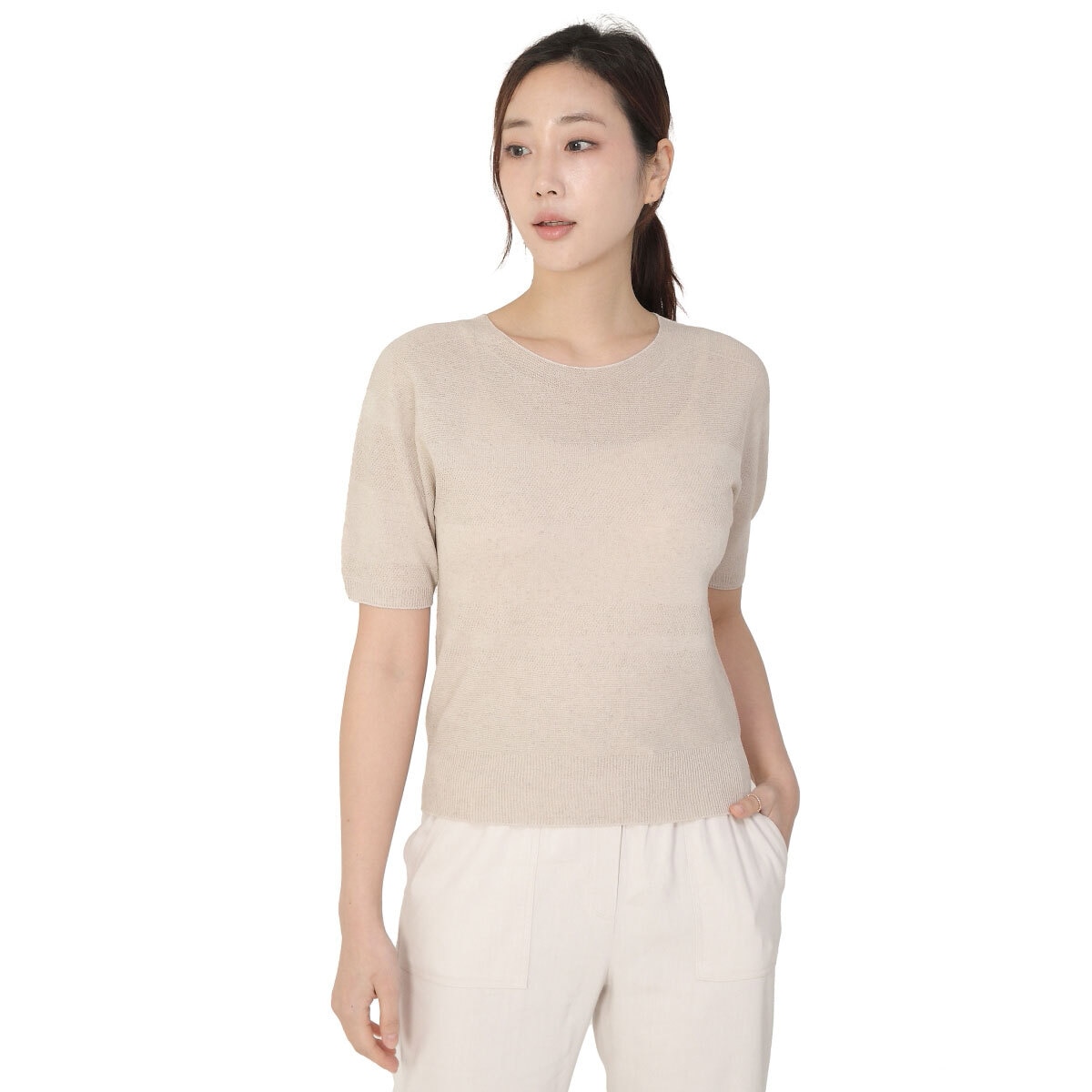 베네뜨 여성 홀가먼트 라운드넥 풀오버 - 베이지