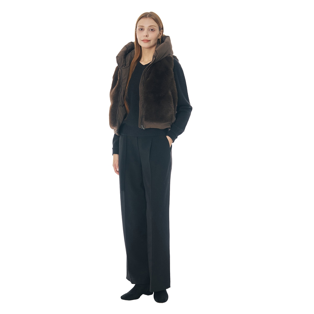 SOUP 여성 인조퍼 다운 베스트 - 브라운