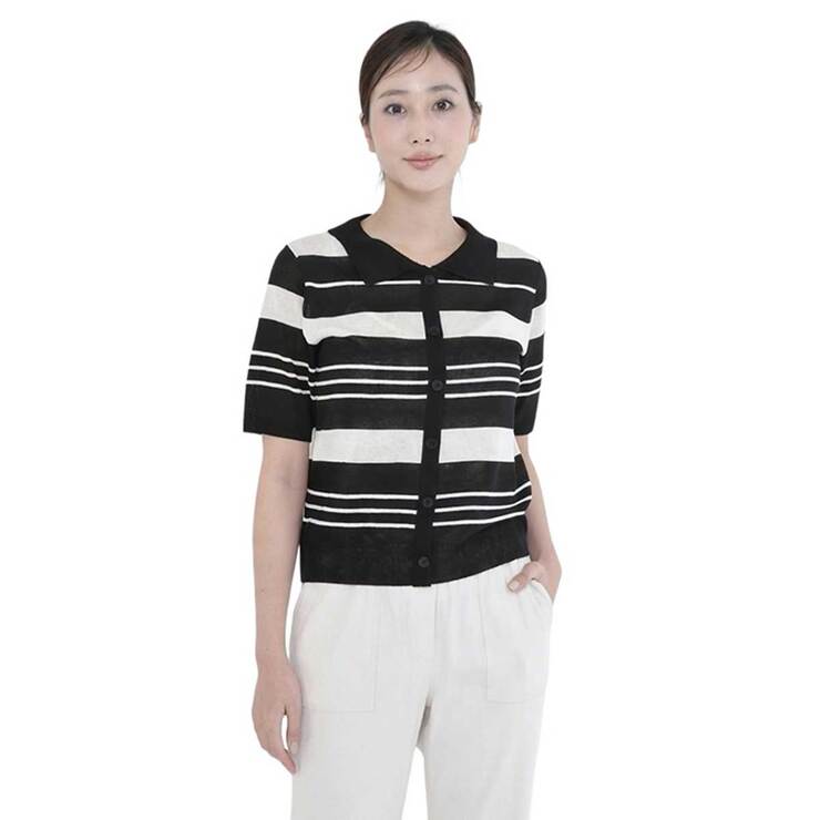 베네뜨 여성 카라 스트라이프 풀오버 니트 - 블랙>오트밀, S